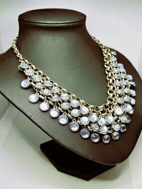Silver Tone Blue Crystal Multi-Strand Statement Bib Necklace